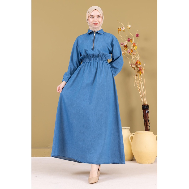 Zippered Elastic Waist Denim Dress Light Blue Msw19240-1