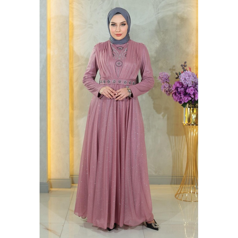 Glittery Evening Dress With Draped Chest And Stone Detail, Dusty Rose Msw19188-2