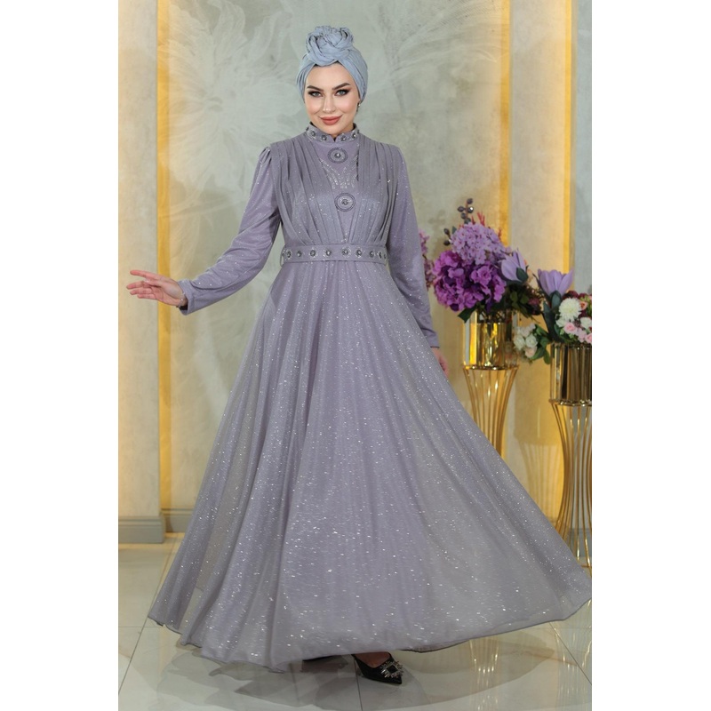 Glittery Evening Dress With Draped Chest And Stone Detail, Lilac Msw19188-5