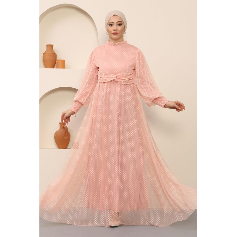 Pearl Detailed Tulle Evening Dress Powder Msw12238-3