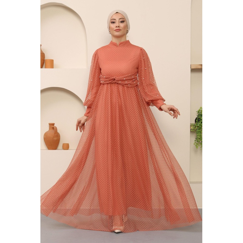 Pearl Detailed Tulle Evening Dress Salmon Msw12238-2