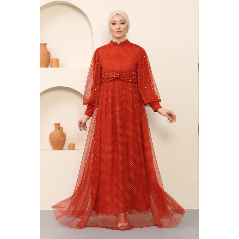 Pearl Detailed Tulle Evening Dress Tile Msw12238-4