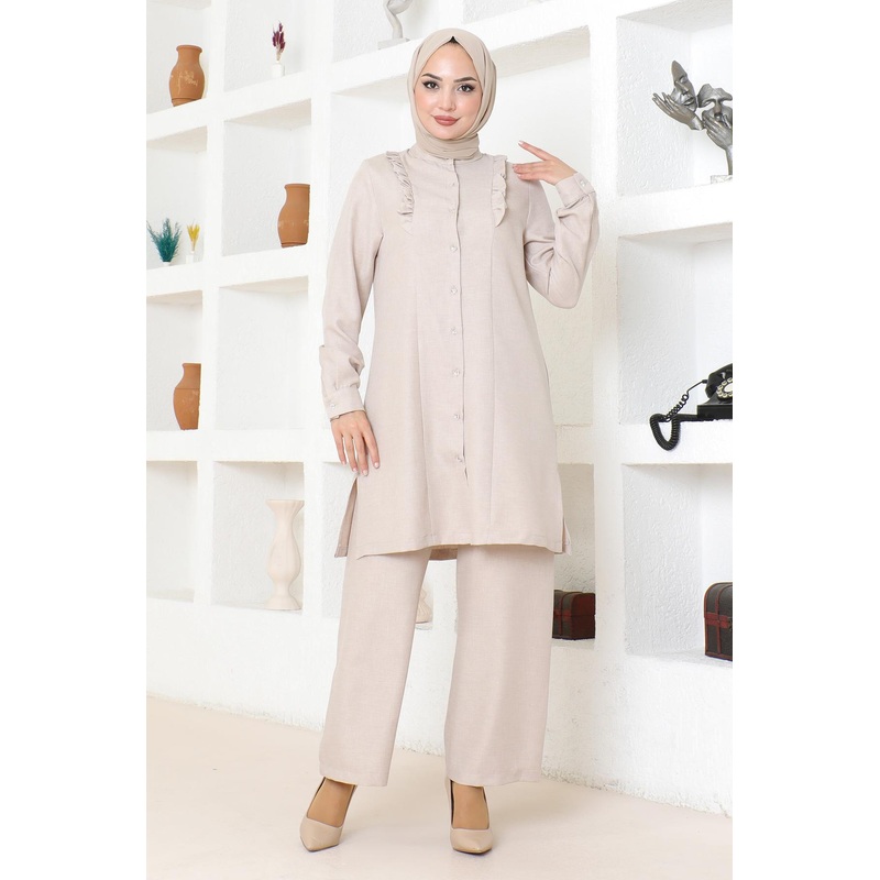 Ruffle Detailed Suit Beige Msw19224-3