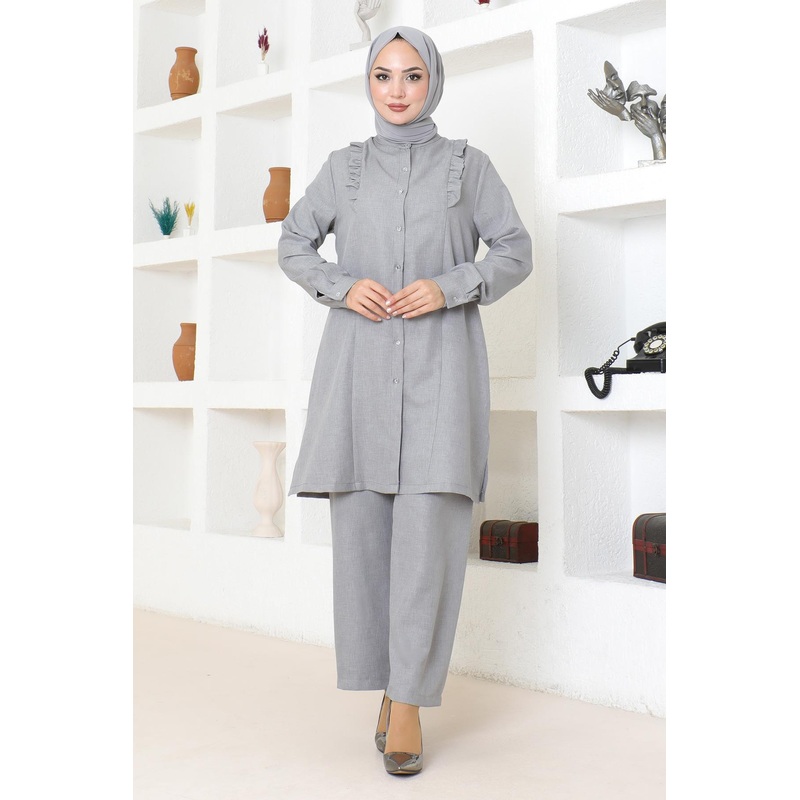 Ruffle Detailed Suit Gray Msw19224-5