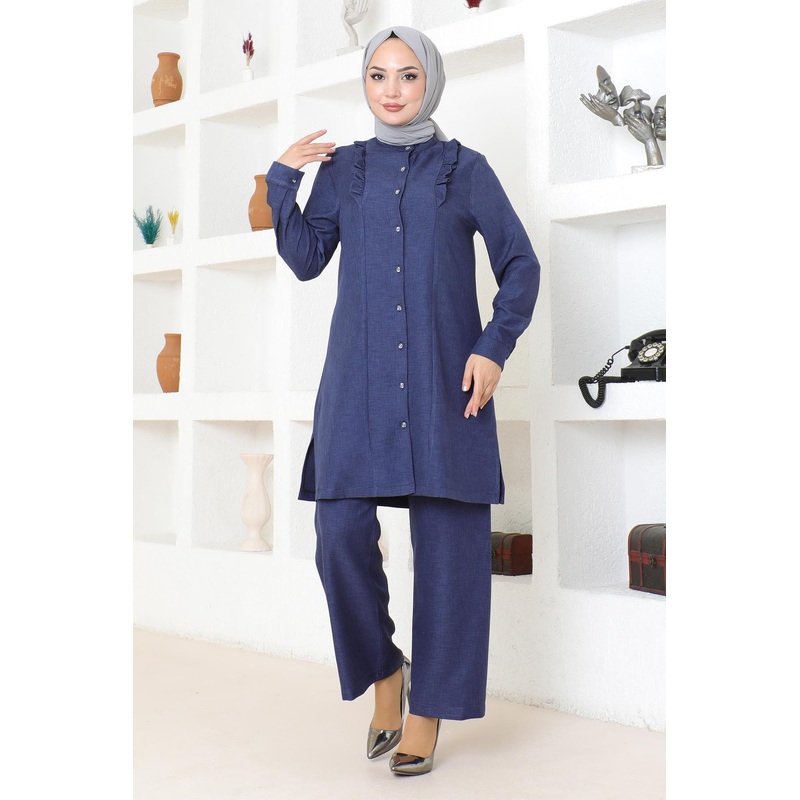Ruffle Detailed Suit Indigo Msw19224-2