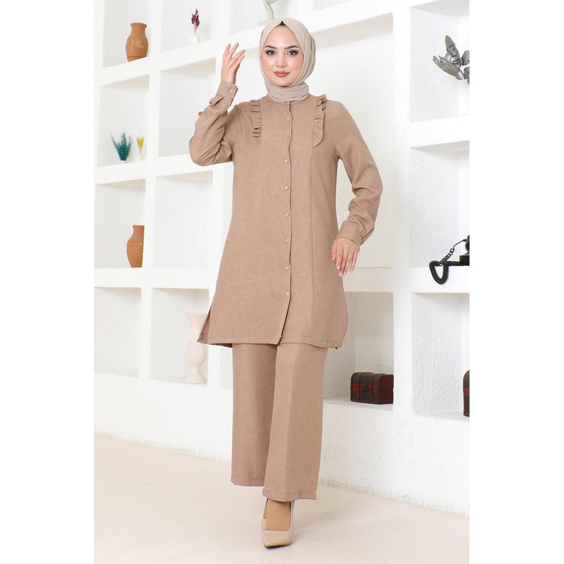 Ruffle Detailed Suit Tan Msw19224-4