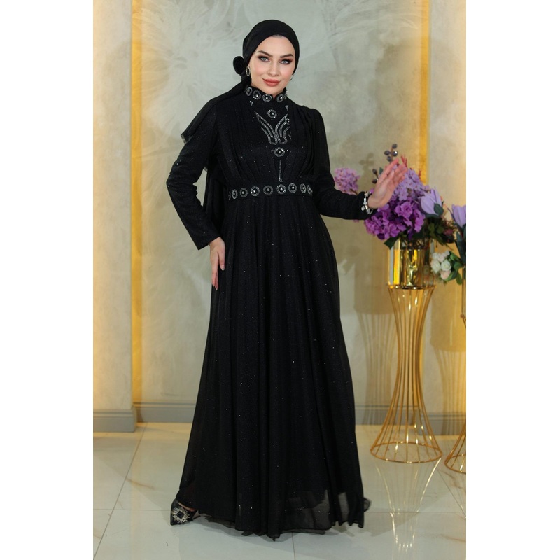 Stone Detailed, Draped Chest, Glittery Evening Dress, Black Msw19188-1