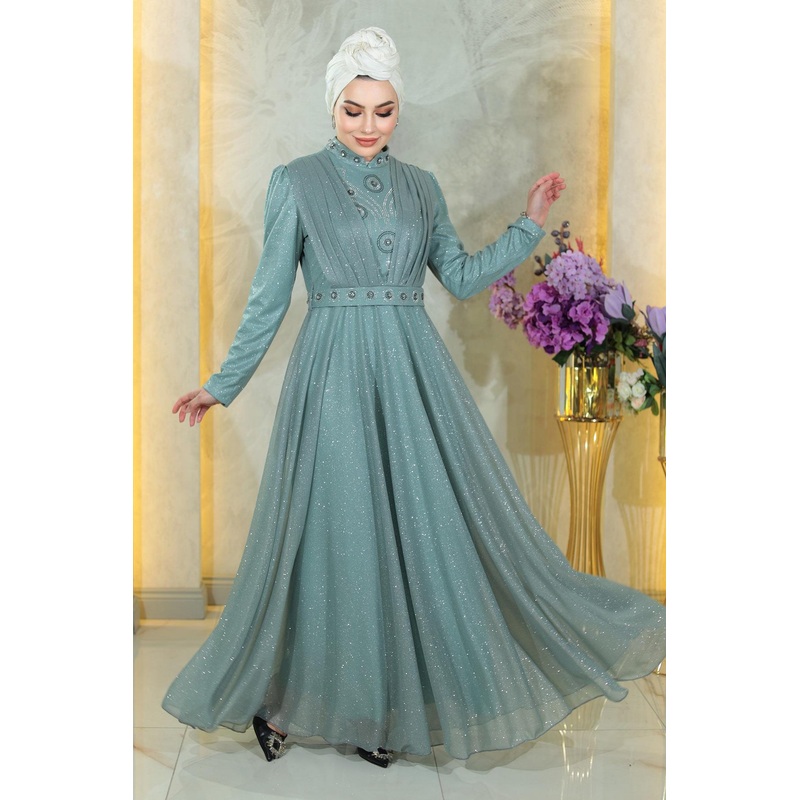 Stone Detailed Draped Chest Glittery Evening Dress Mint Msw19188-3