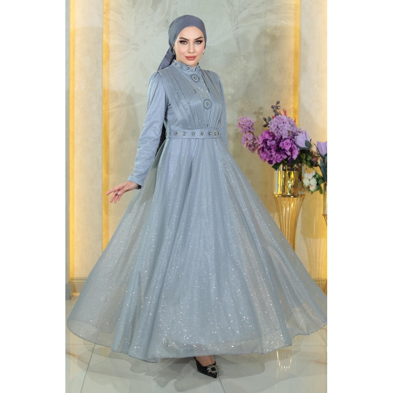 Stone Detailed, Draped Chest, Glittery Evening Dress, Silver Msw19188-4