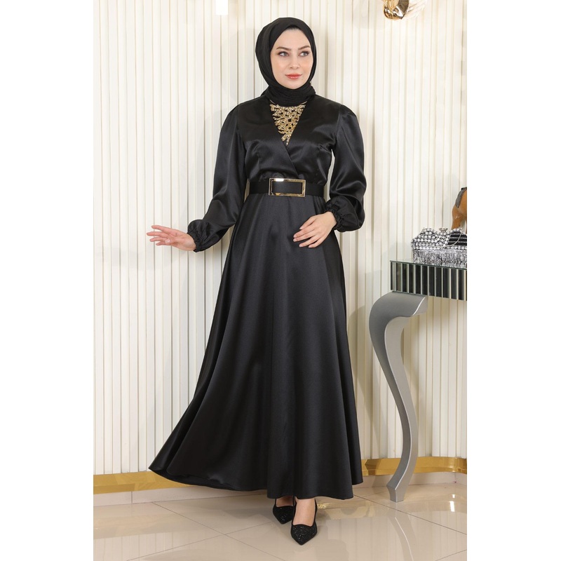 Stone Detailed Satin Evening Dress Black Msw19901-1