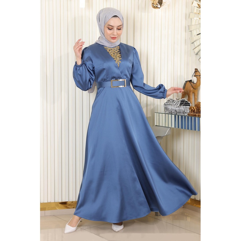 Stone Detailed Satin Evening Dress Blue Msw19901-3