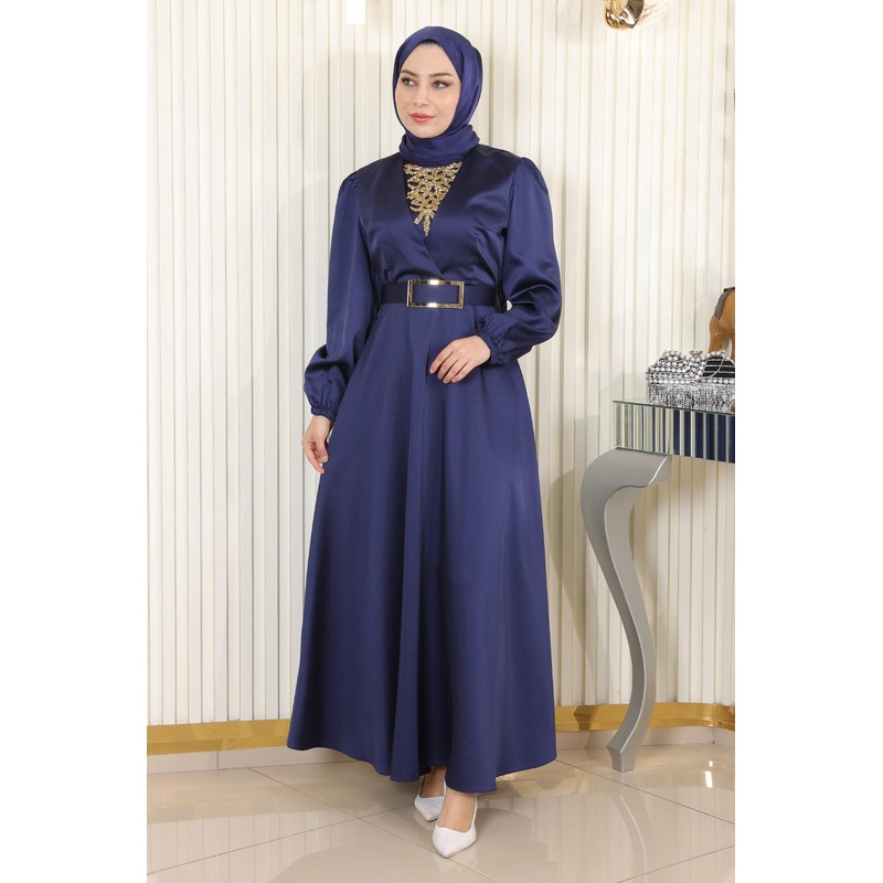 Stone Detailed Satin Evening Dress Indigo Msw19901-4