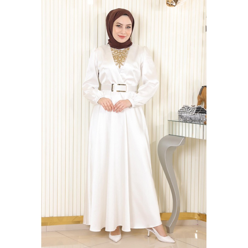 Stone Detailed Satin Evening Dress White Msw19901-2