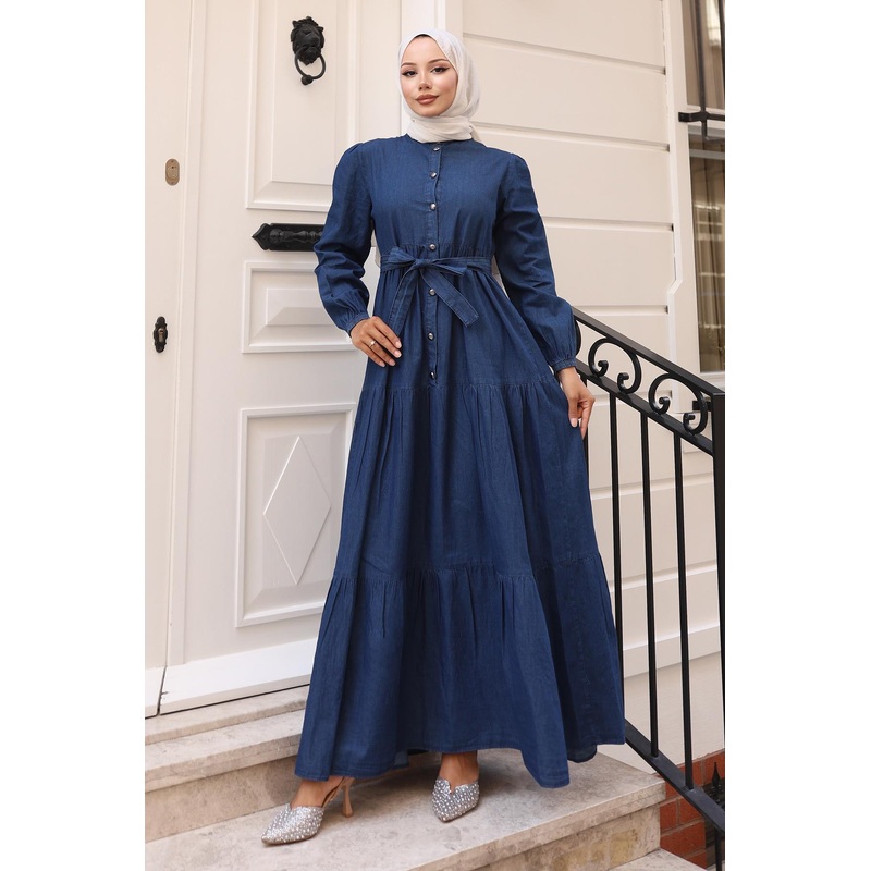 Buttoned Layered Denim Dress Dark Blue 19263