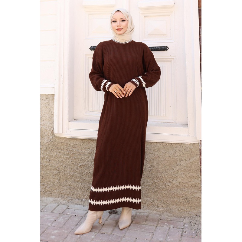 Patterned Knit Dress Brown 6149
