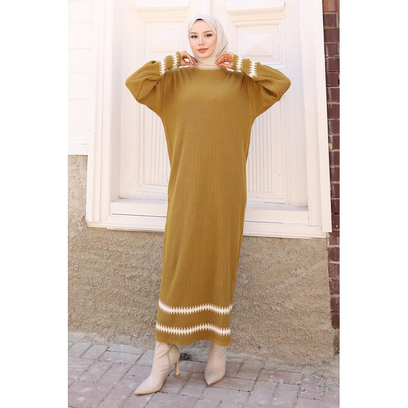 Patterned Knit Dress Khaki 6149