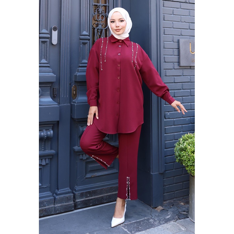 Pearl Detailed Suit Claret Red 19259