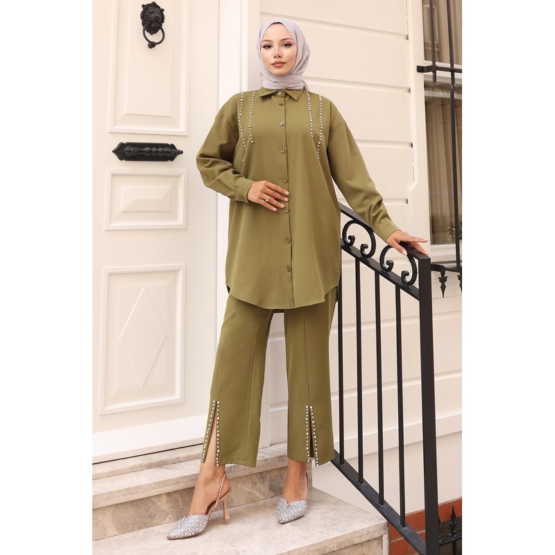 Pearl Detailed Suit Khaki 19259
