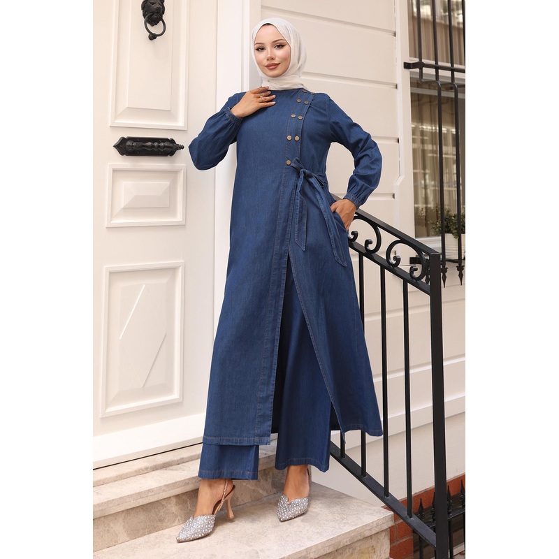 Snap Detail Denim Suit Dark Blue 19262