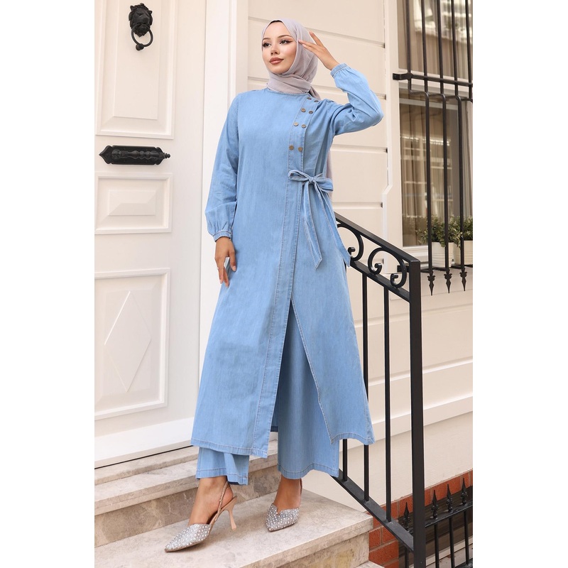 Snap Detail Denim Suit Light Blue 19262