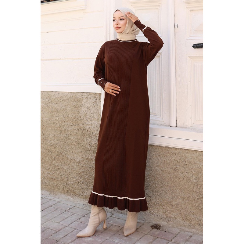 Stone Detailed Cuff Knit Dress Brown 6150