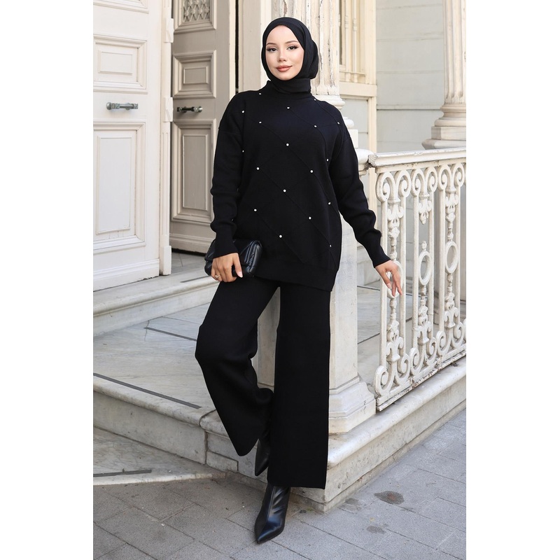 Stone Detailed Knitwear Suit Black 6148