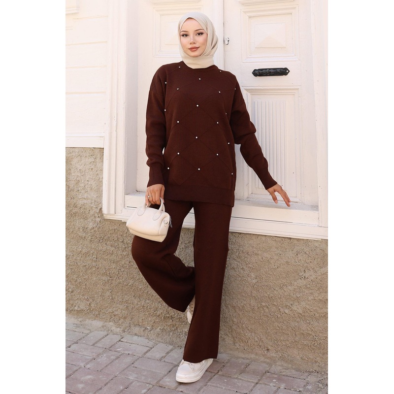 Stone Detailed Knitwear Suit Brown 6148