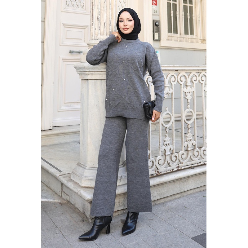 Stone Detailed Knitwear Suit Gray 6148