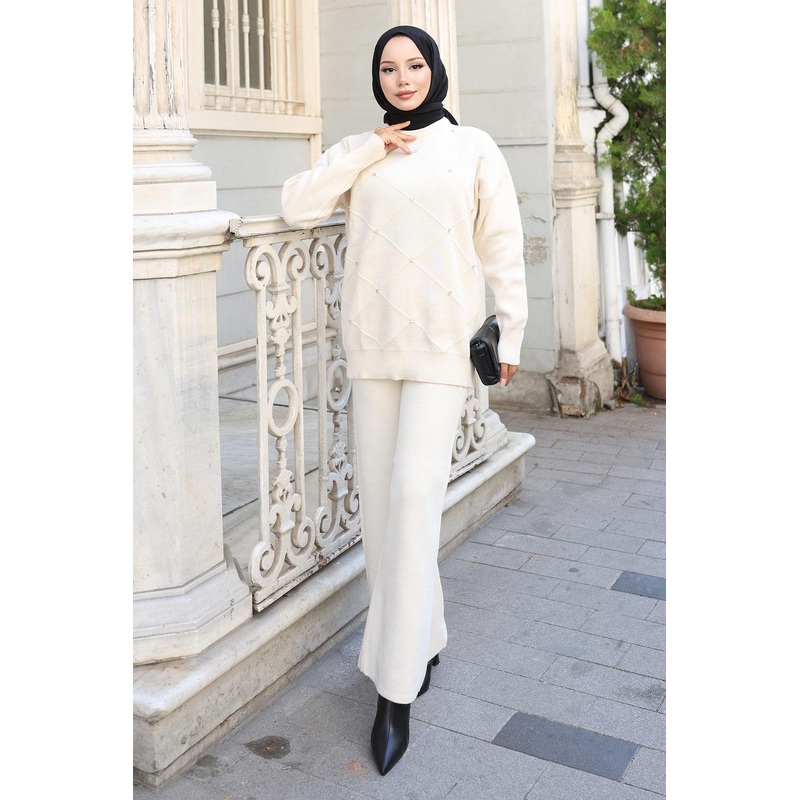 Stone Detailed Knitwear Suit White 6148