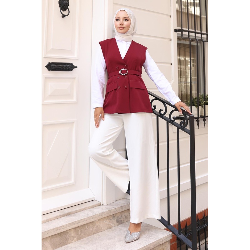 V-Neck Vest Suit Burgundy 19254