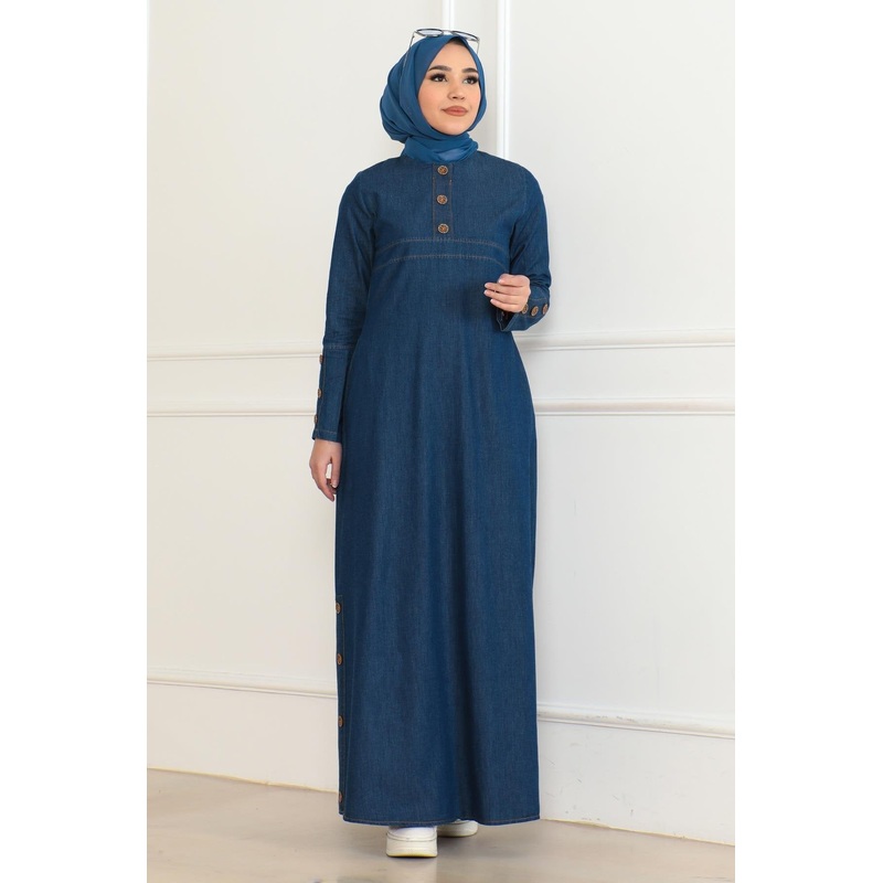 Button Detailed Pocket Denim Dress Dark Blue 19234