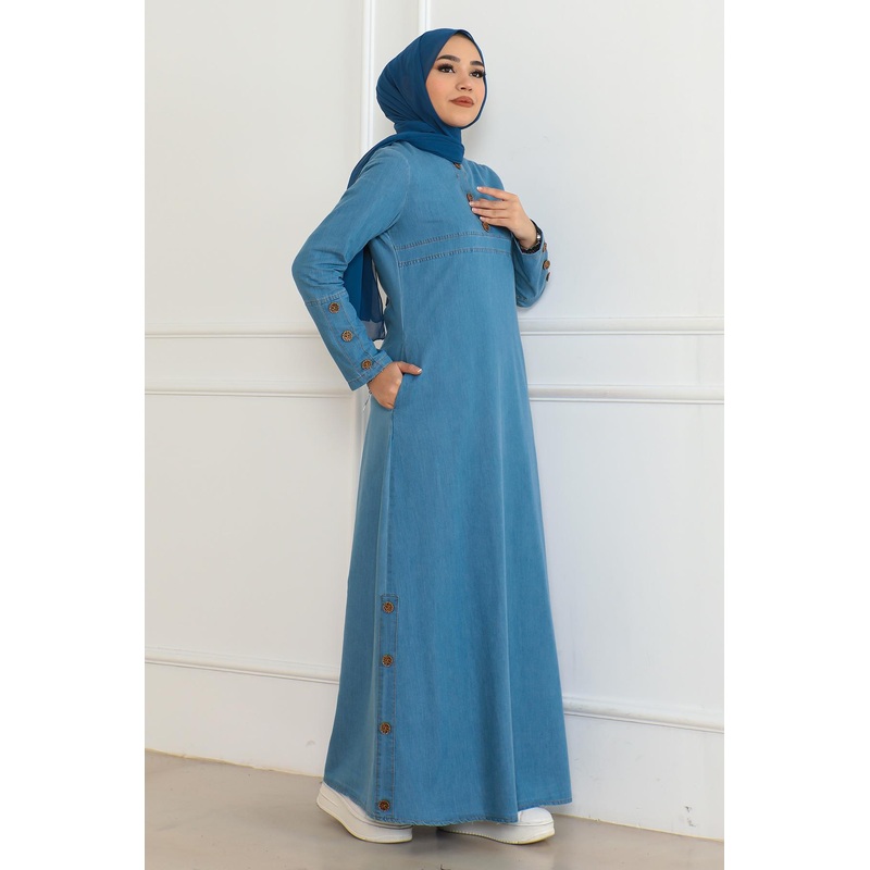 Button Detailed Pocket Denim Dress Light Blue 19234