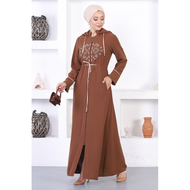 Embroidered Hooded Abaya Brown 12210