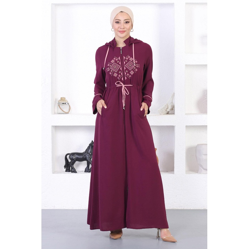 Embroidered Hooded Abaya Plum 12210