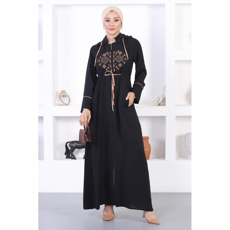 Embroidered Hooded Abaya Tan 12210