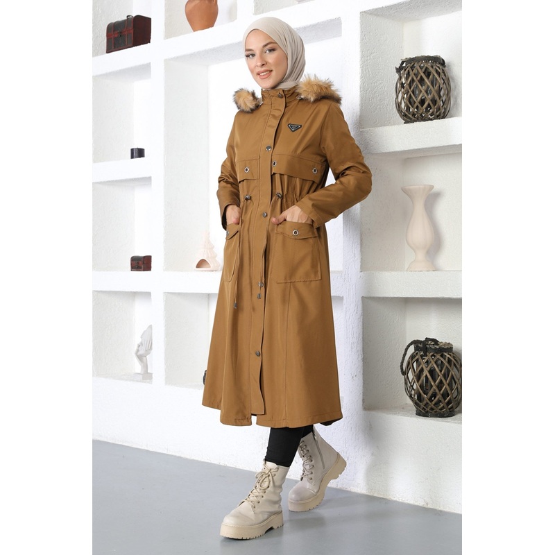 Eyelet Detailed Coat With Emblem, Tan 10354