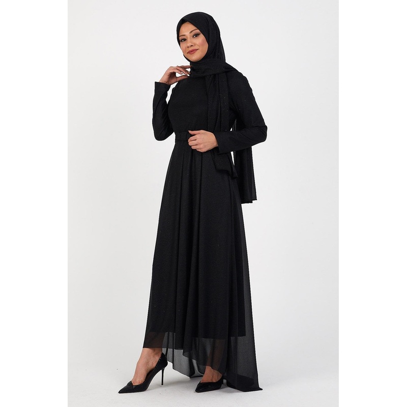 Glittery Pleated Evening Dress Black 12240