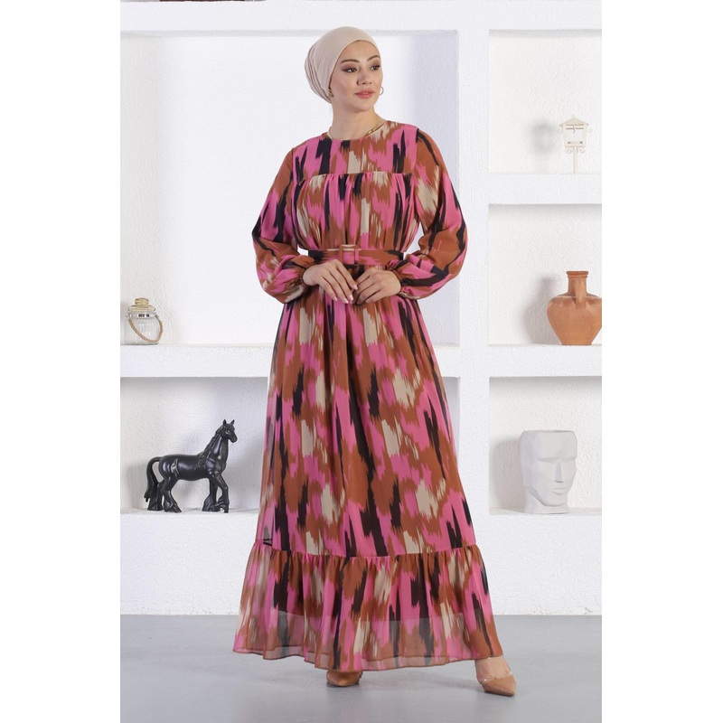 Patterned Chiffon Dress Pink 12243