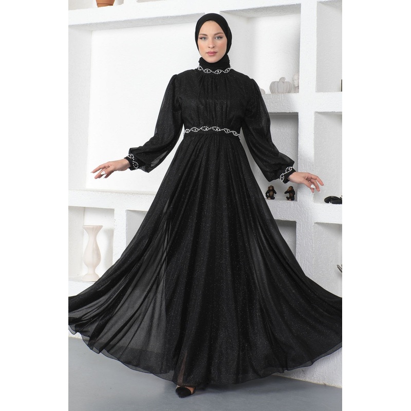 Pearl Detailed Glittery Evening Dress Black 19004