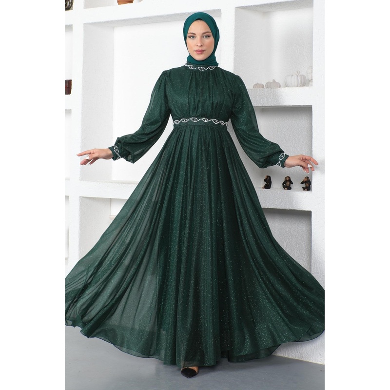 Pearl Detailed Glittery Evening Dress Emerald 19004