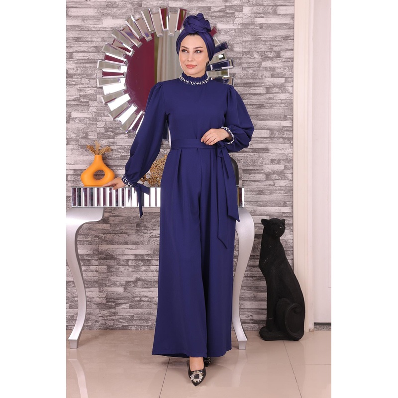 Pearl Detailed Jumpsuit Dress Indigo 19152