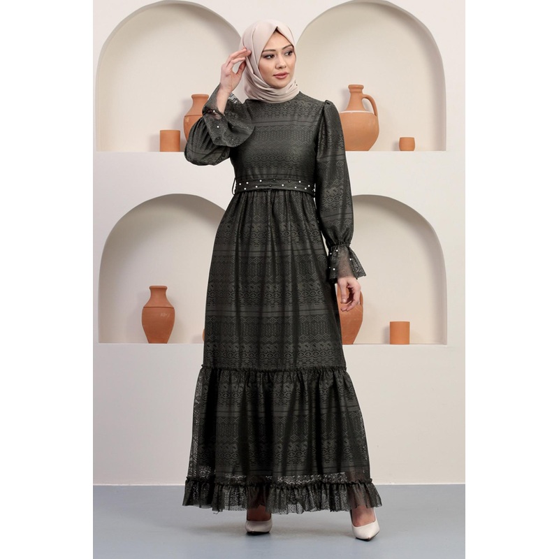 Pearl Detailed Lace Evening Dress Khaki 12239