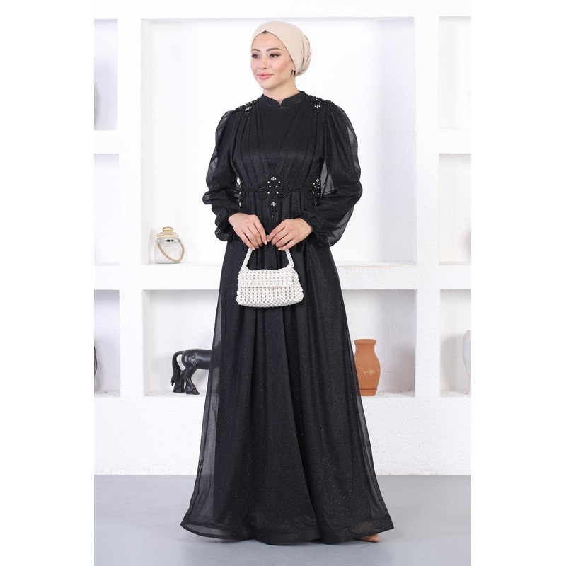 Pearl Lace Glitter Evening Dress Black 12252