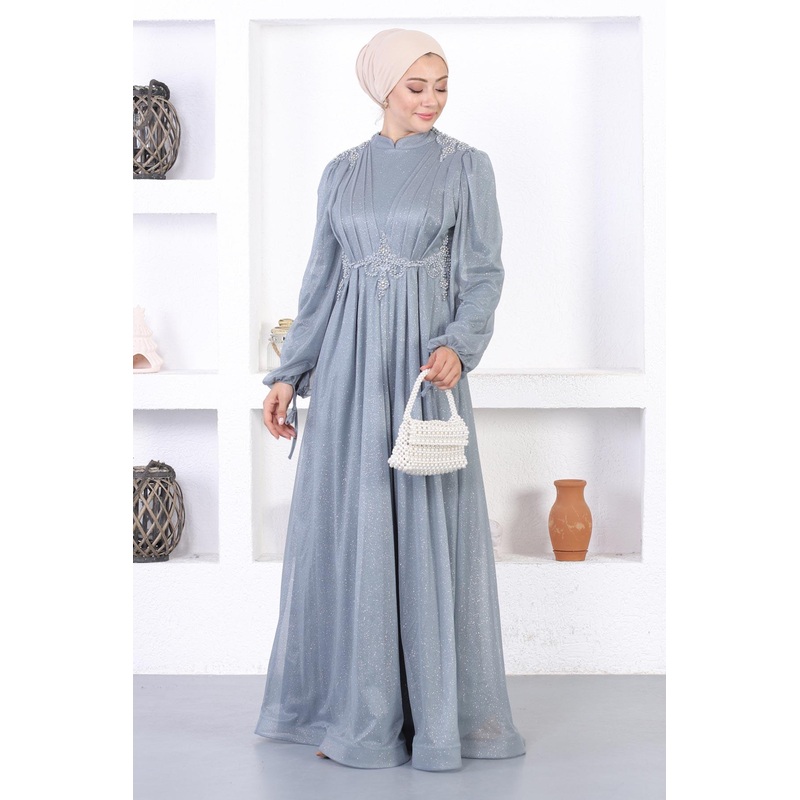 Pearl Lace Glittery Evening Dress Gray 12252