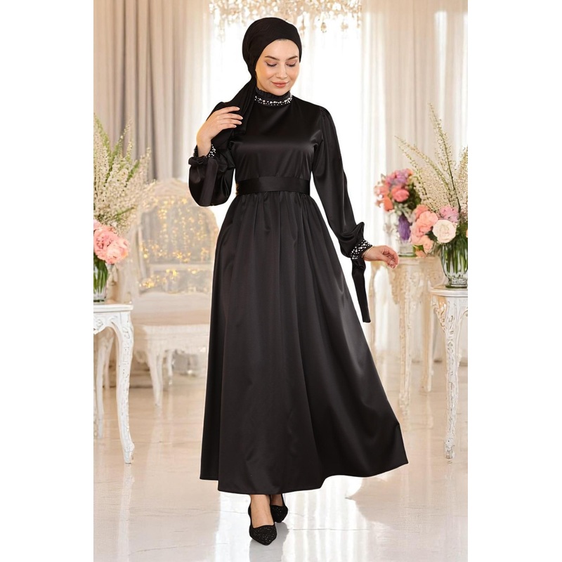 Pearl Satin Evening Dress Black 19121