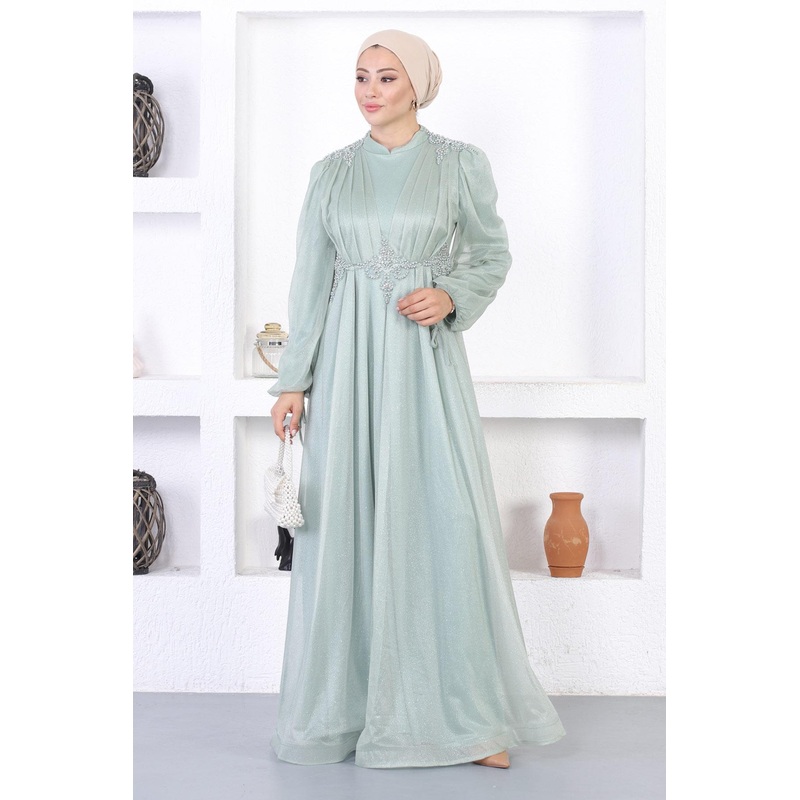 Pearly Lace Glitter Evening Dress Mint 12252