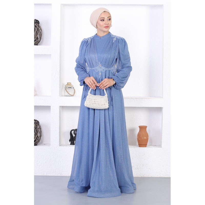 Pearly Lace Glittery Evening Dress Blue 12252