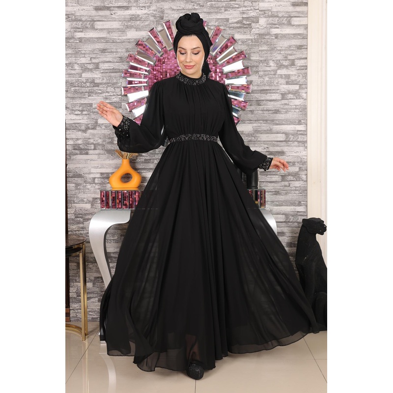 Stone Detailed Chiffon Evening Dress Black 19109