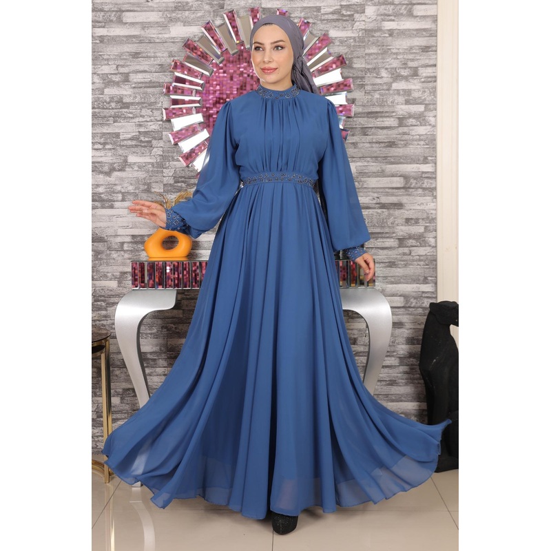 Stone Detailed Chiffon Evening Dress Indigo 19109