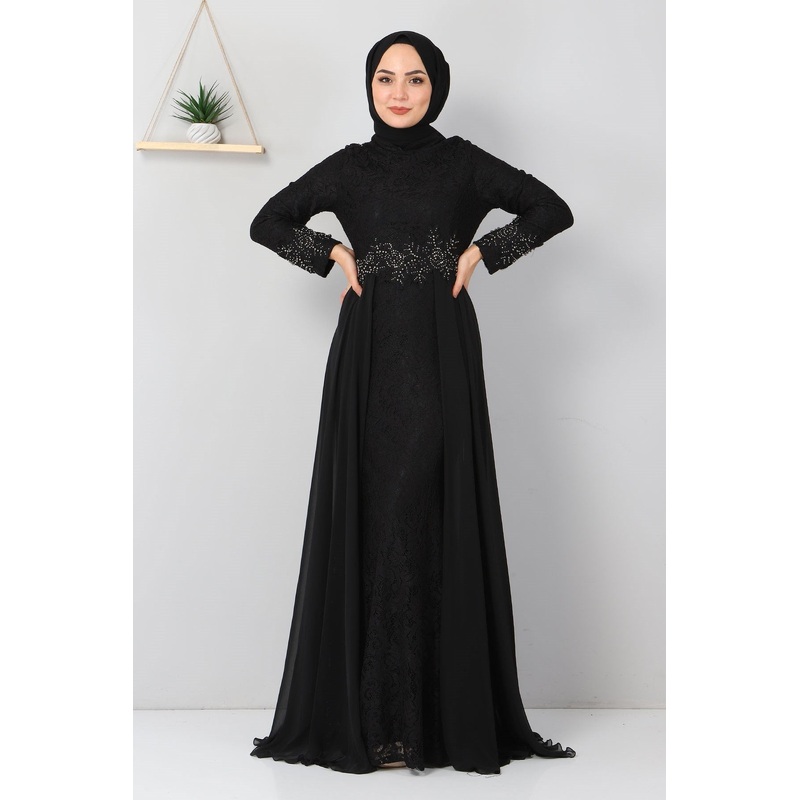 Stone Detailed Fishtail Evening Dress Black 8855